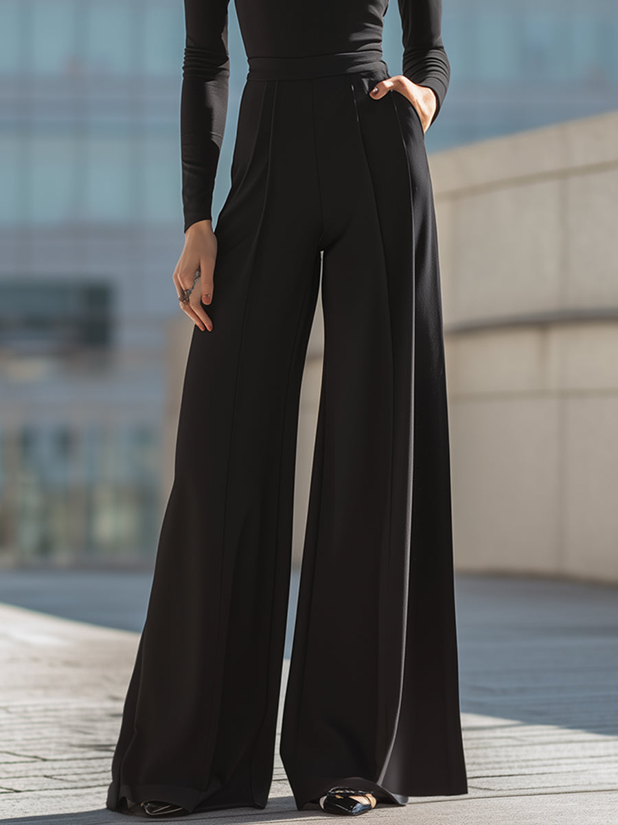 Black High-Neck Cold-Shoulder Top & Wide-Leg Pants Two-Piece Set