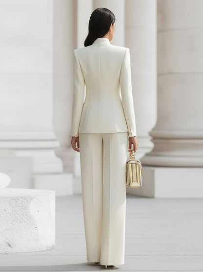 Elegant Cream Military-Inspired Tailored Suit Set With Gold Accents