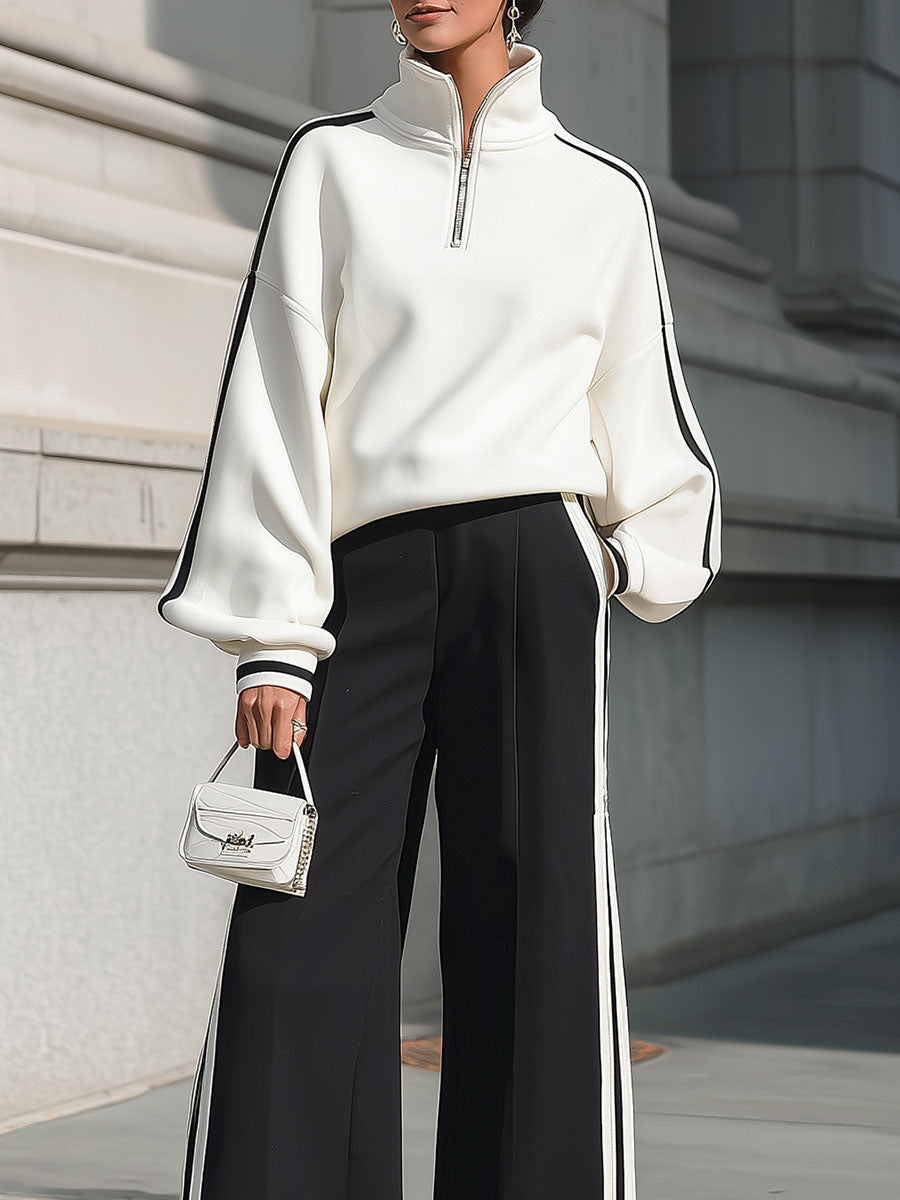 Chic Monochrome Half-Zip Sweatshirt & Wide-Leg Trouser Set