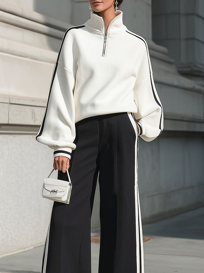 Chic Monochrome Half-Zip Sweatshirt & Wide-Leg Trouser Set