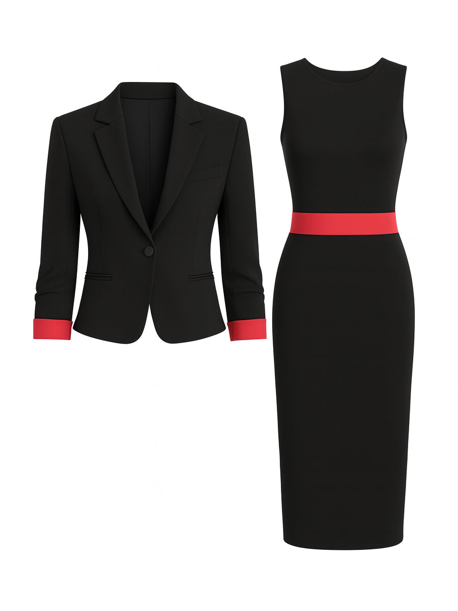 Contrast Trim Blazer & Sleeveless Midi Dress Set