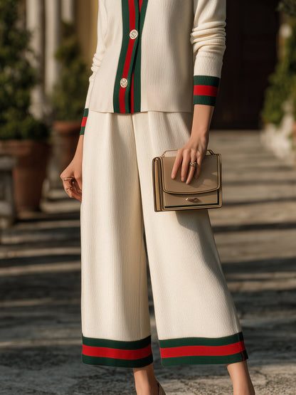 Contrast Trim Button-Front Knit Set