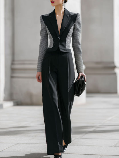 Contrast Houndstooth Panel Tailored Blazer & Wide-Leg Pant Set