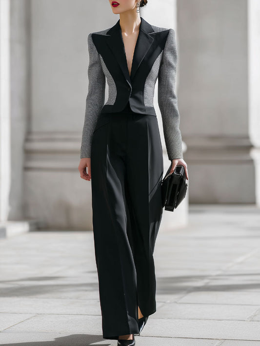 Contrast Houndstooth Panel Tailored Blazer & Wide-Leg Pant Set