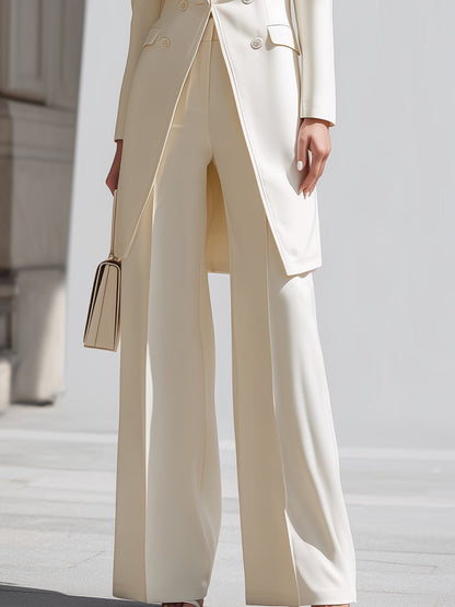 Elegant Cream Longline Blazer And Wide - Leg Pants Set