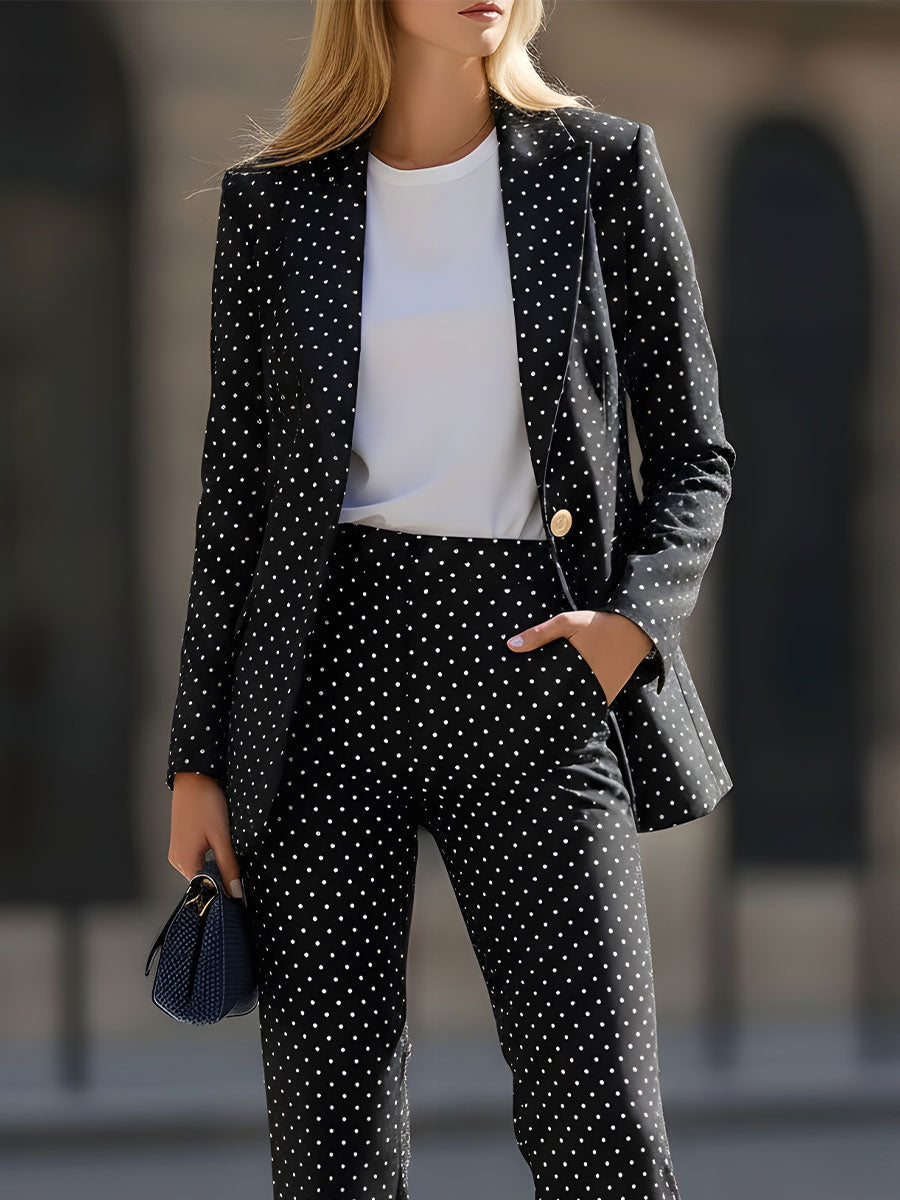 Chic Black Polka Dot Tailored Suit Set