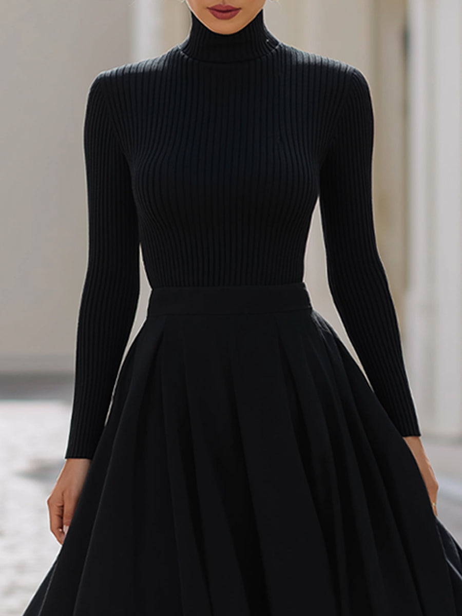 Black Ribbed High-Neck Top & Pleated Midi Skirt Set