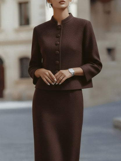 Deep Mocha Midi Skirt Suit With Stand Collar