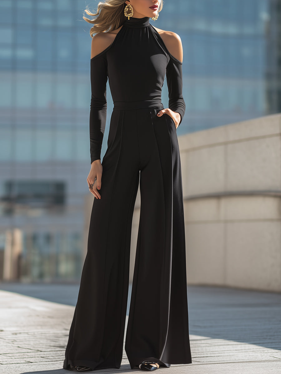 Black High-Neck Cold-Shoulder Top & Wide-Leg Pants Two-Piece Set