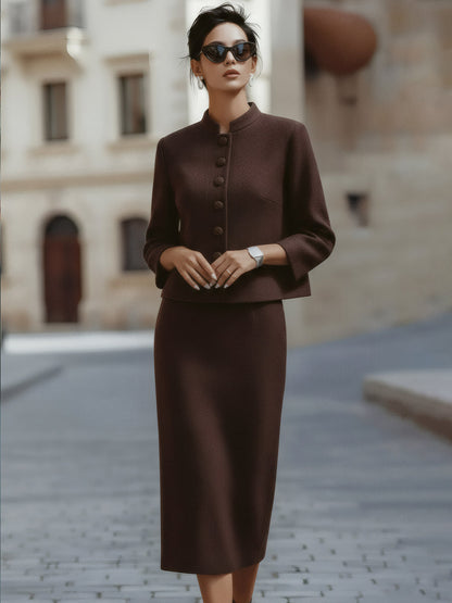 Deep Mocha Midi Skirt Suit With Stand Collar