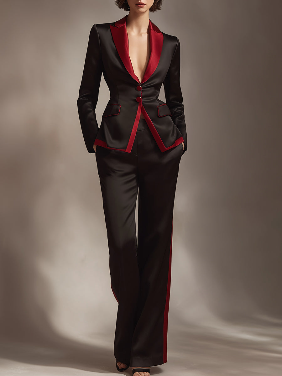 Black And Red Contrast Satin Tailored Pantsuit