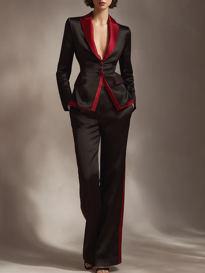 Black And Red Contrast Satin Tailored Pantsuit