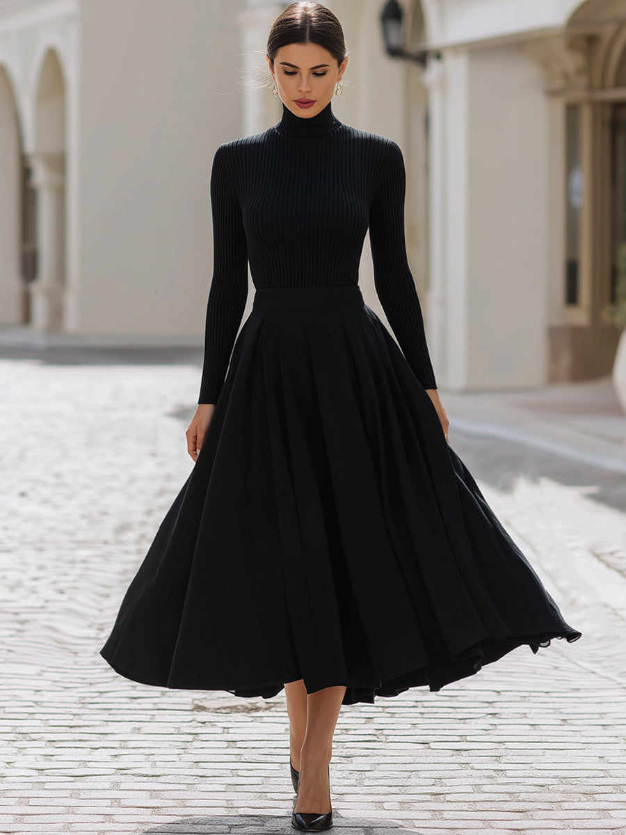 Black Ribbed High-Neck Top & Pleated Midi Skirt Set