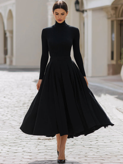 Black Ribbed High-Neck Top & Pleated Midi Skirt Set
