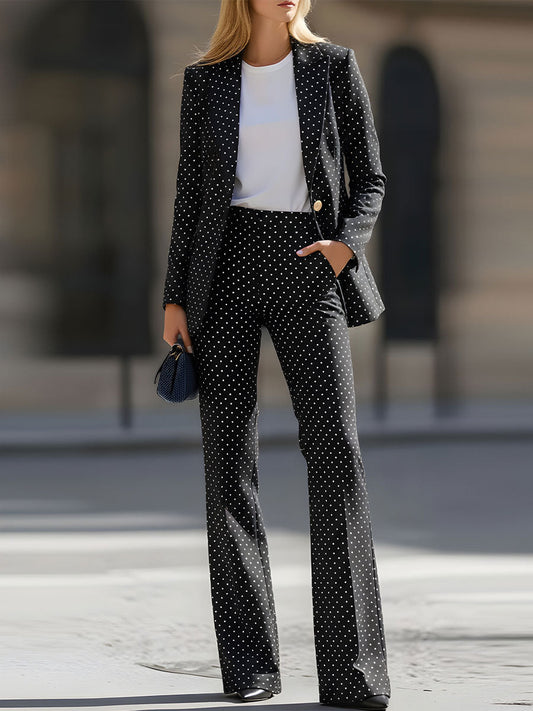 Chic Black Polka Dot Tailored Suit Set