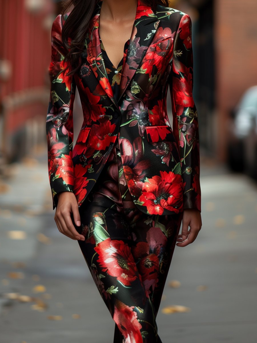 Bold Red Poppy Floral Printed Satin Suit